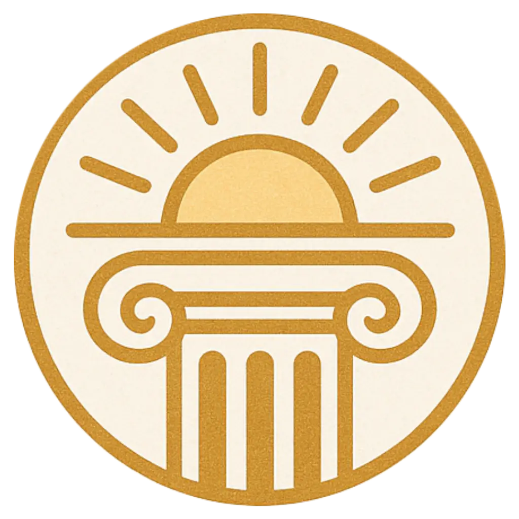 Logo turistico "Welcome Reggio Calabria" con colonna greca e sole stilizzato, simbolo dell’accoglienza, del patrimonio storico e del clima mediterraneo della città.