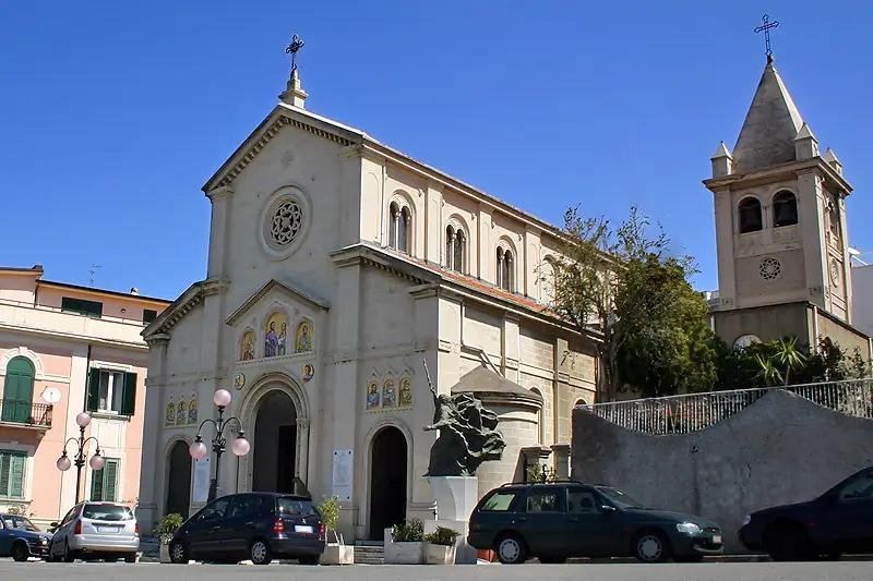 Mosaic-covered façade of the Sanctuary of Saint Paul alla Rotonda overlooking Reggio Calabria.