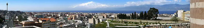 Panoramic view from Piazza San Paolo in Reggio Calabria, with Sicily and Mount Etna in the background.